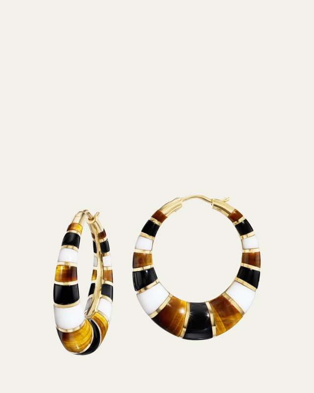 18K Yellow Gold Chunky Inlay Hoop Earrings with Black and White Onyx and Tiger's Eye
